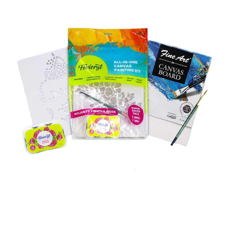 Picture of Fevicryl All In One Artist Canvas Kit (1 Canvas, 1 Brush, 1 Acrylic Colour Kit, Stencils), DIY Kit , Painting Gift Set for Artists, Students