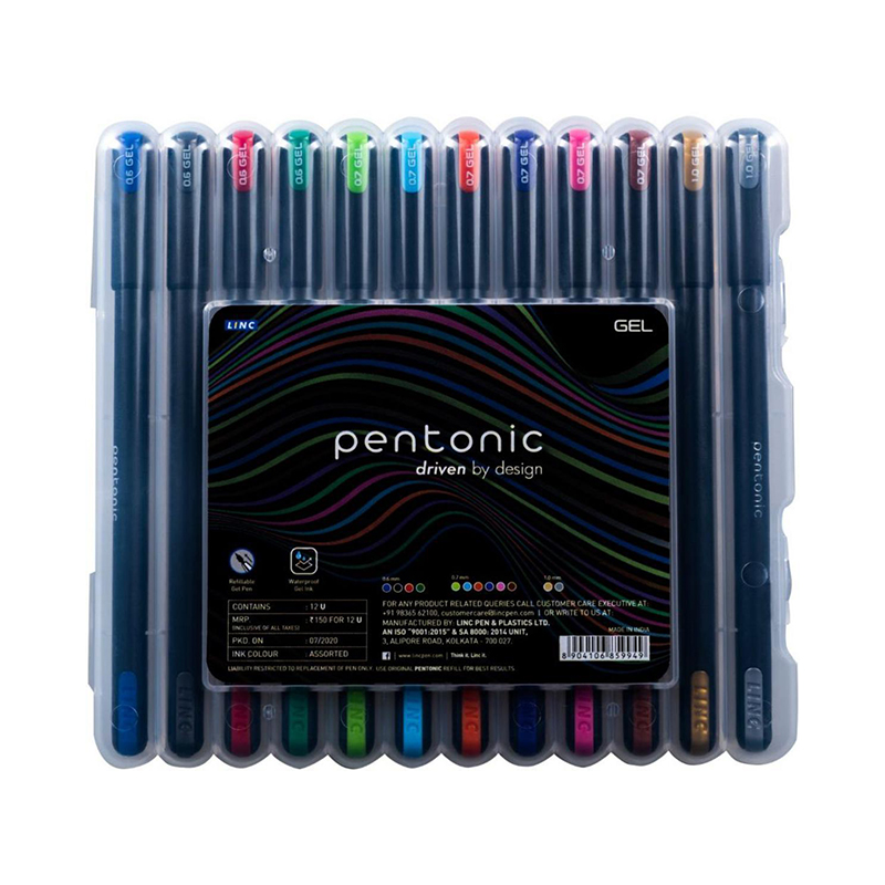 Picture of Pentonic Multicolor Gel Pen with Hard Box Case (0.6 mm-1.0 mm, Black Body, 12 Pcs Set)