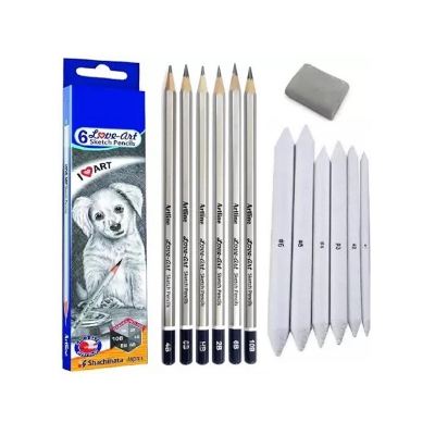 Picture of Artline Set Of 6 Sketch Pencils + Blending/Smudging Stumps Set Of 6 (Size 1 To 6) And One Kneadable Eraser For Graphite And Charcoal Pencils - Mechanical Pencil