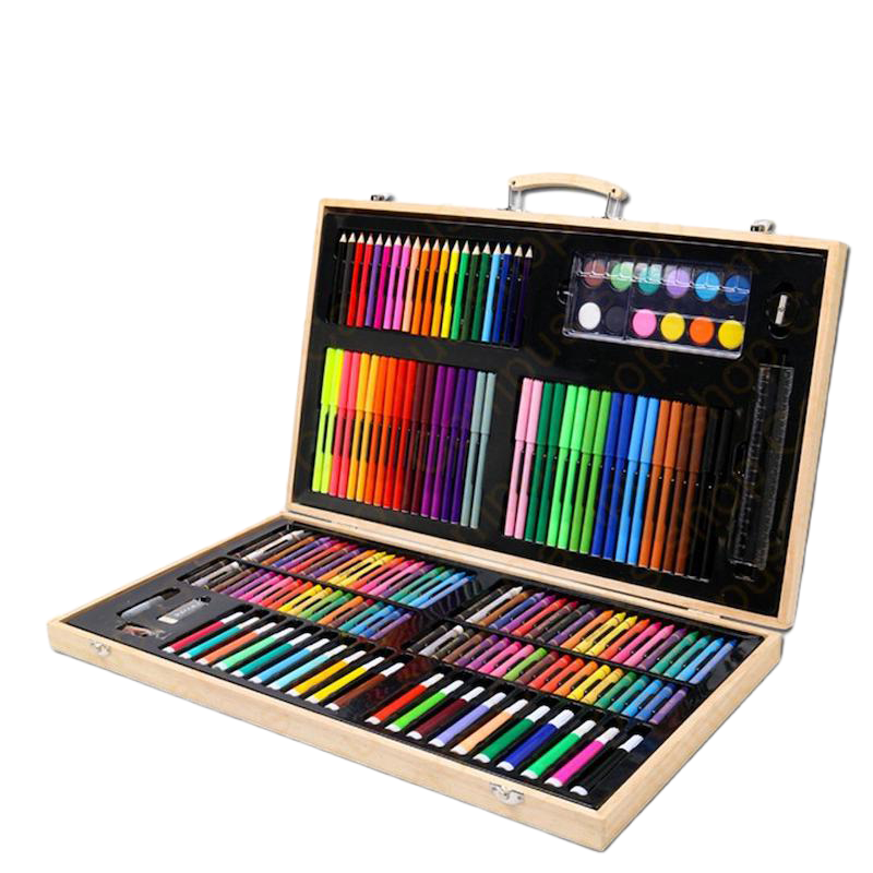 Picture of 180 PCS watercolor pen painting set kids gift students brush painting set stationery wooden box