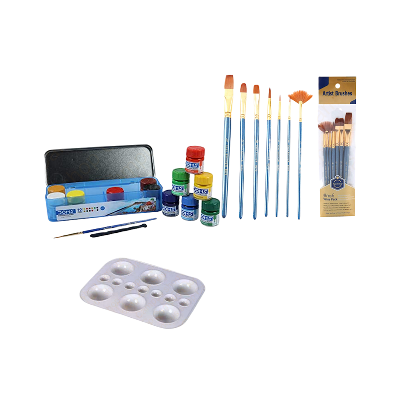Picture of Doms Poster Colour 12 colour set, 7pcs Brush Set, 1pc Artist Square Colour Mixing Pallate  (Combo Set)