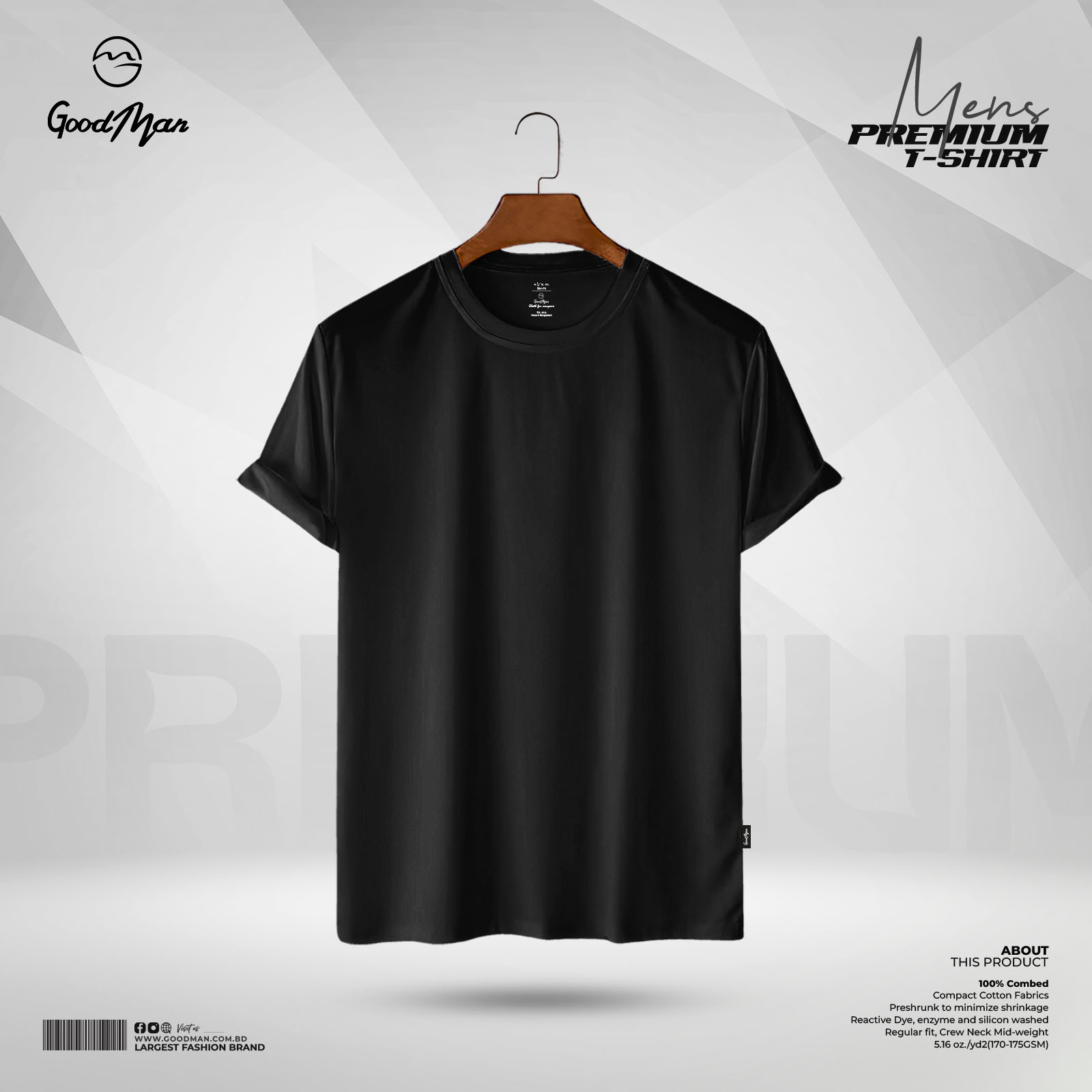Picture of GoodMan Premium Quality Black Color Solid Cotton Short Sleeve T Shirt for Men.