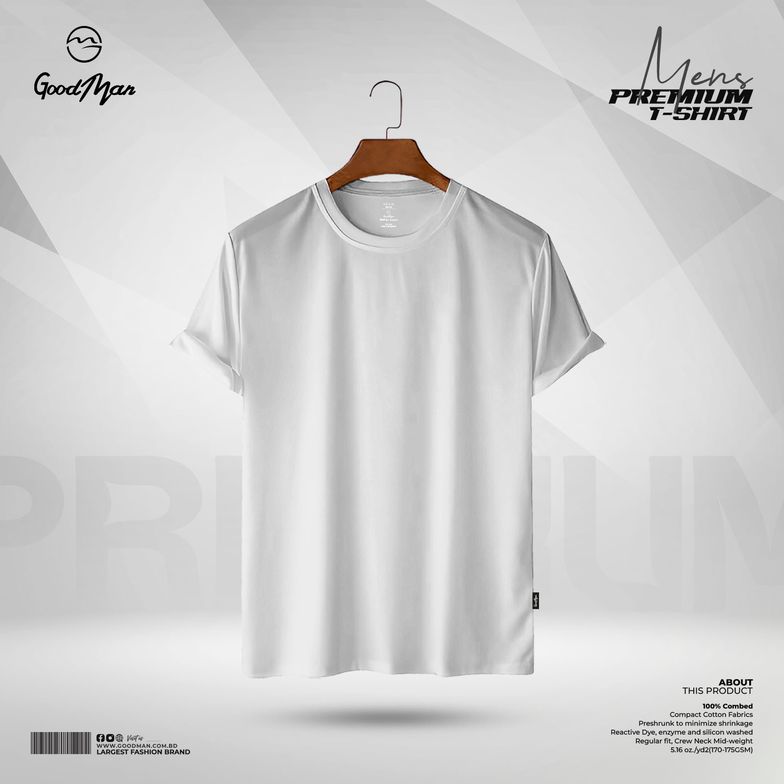 Picture of GoodMan Premium Quality White Color Solid Cotton Short Sleeve T Shirt for Men.