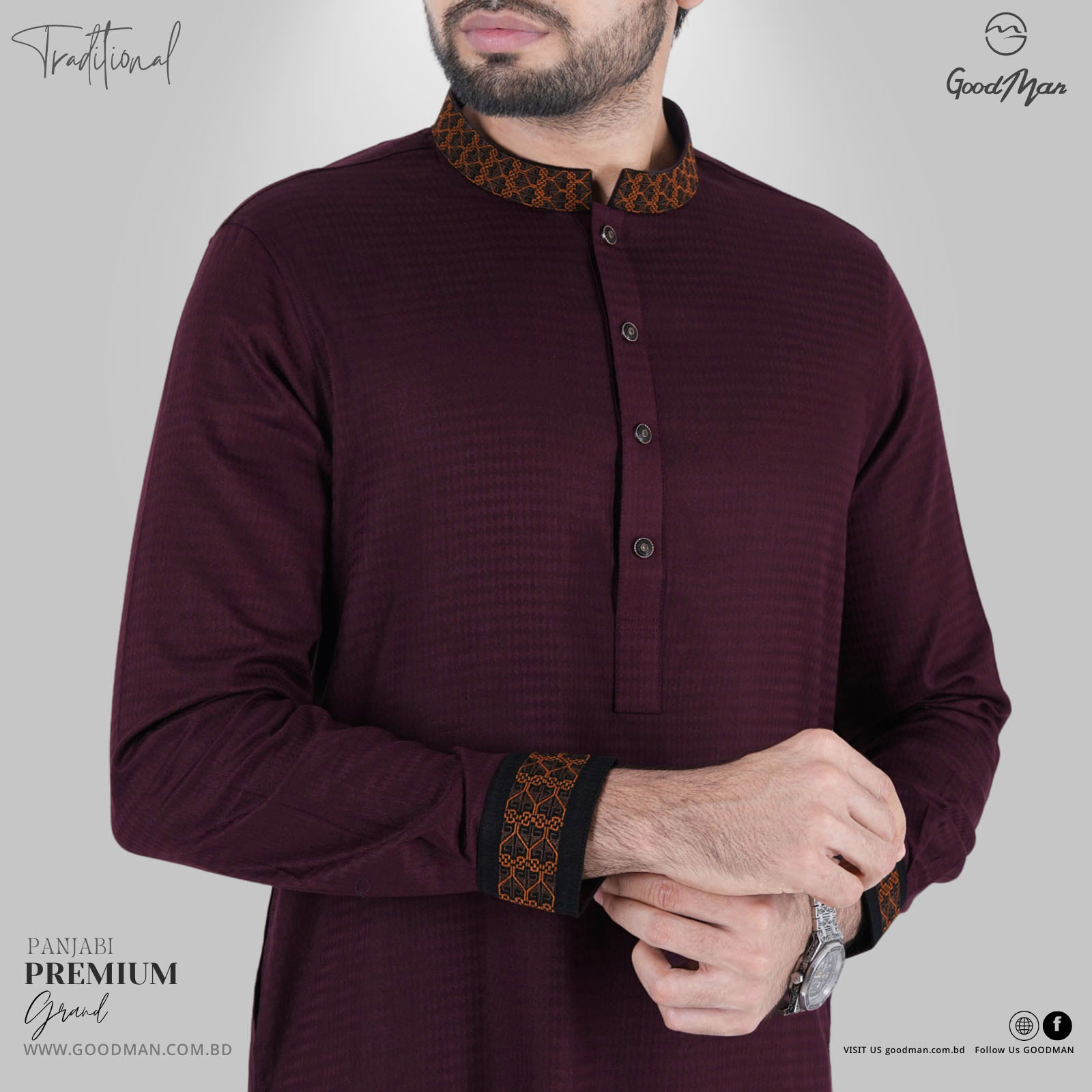 Picture of GoodMan Premium Quality Maroon Color Semi Long Panjabi for Men.