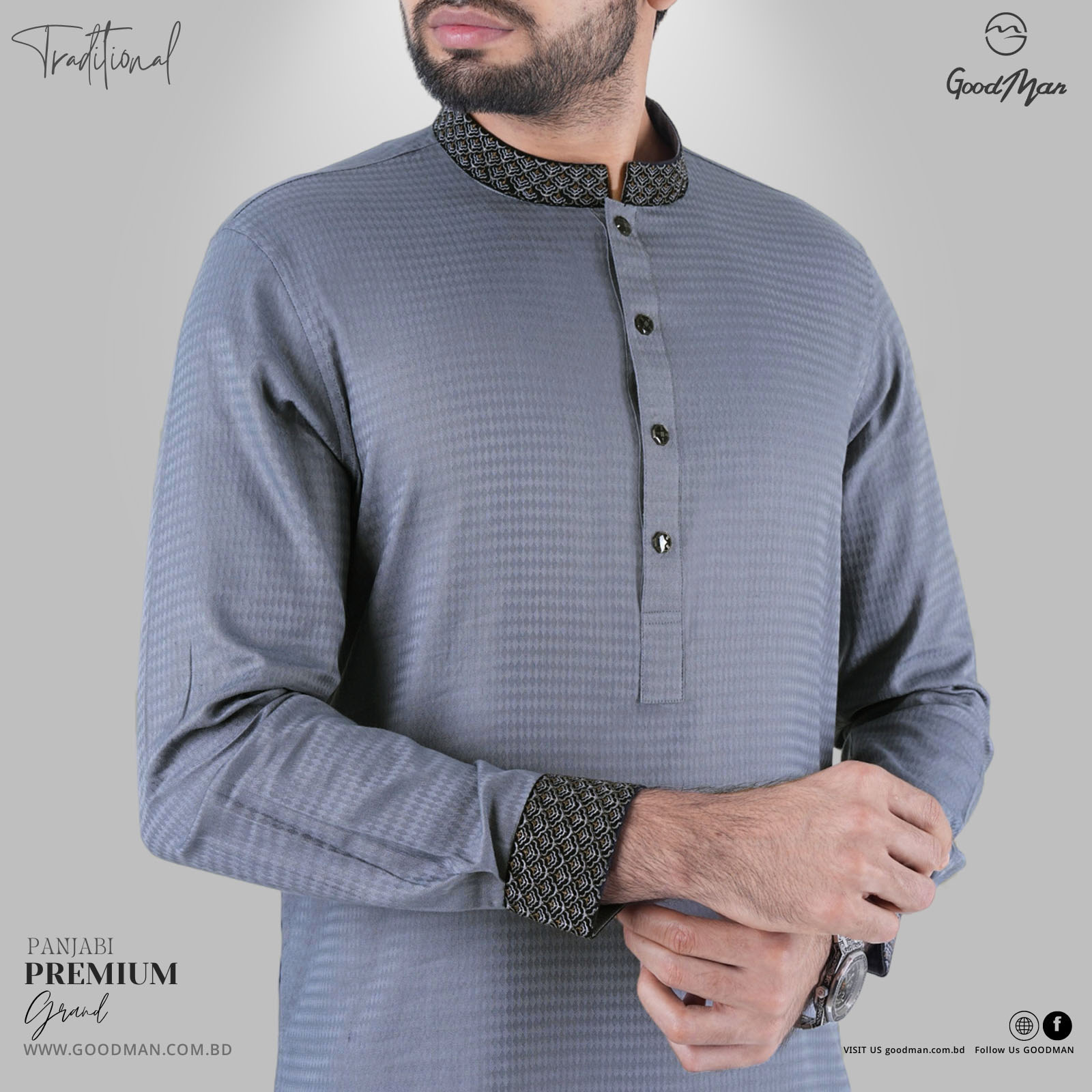 Picture of GoodMan Premium Quality Dark Ash Color Semi Long Panjabi for Men.