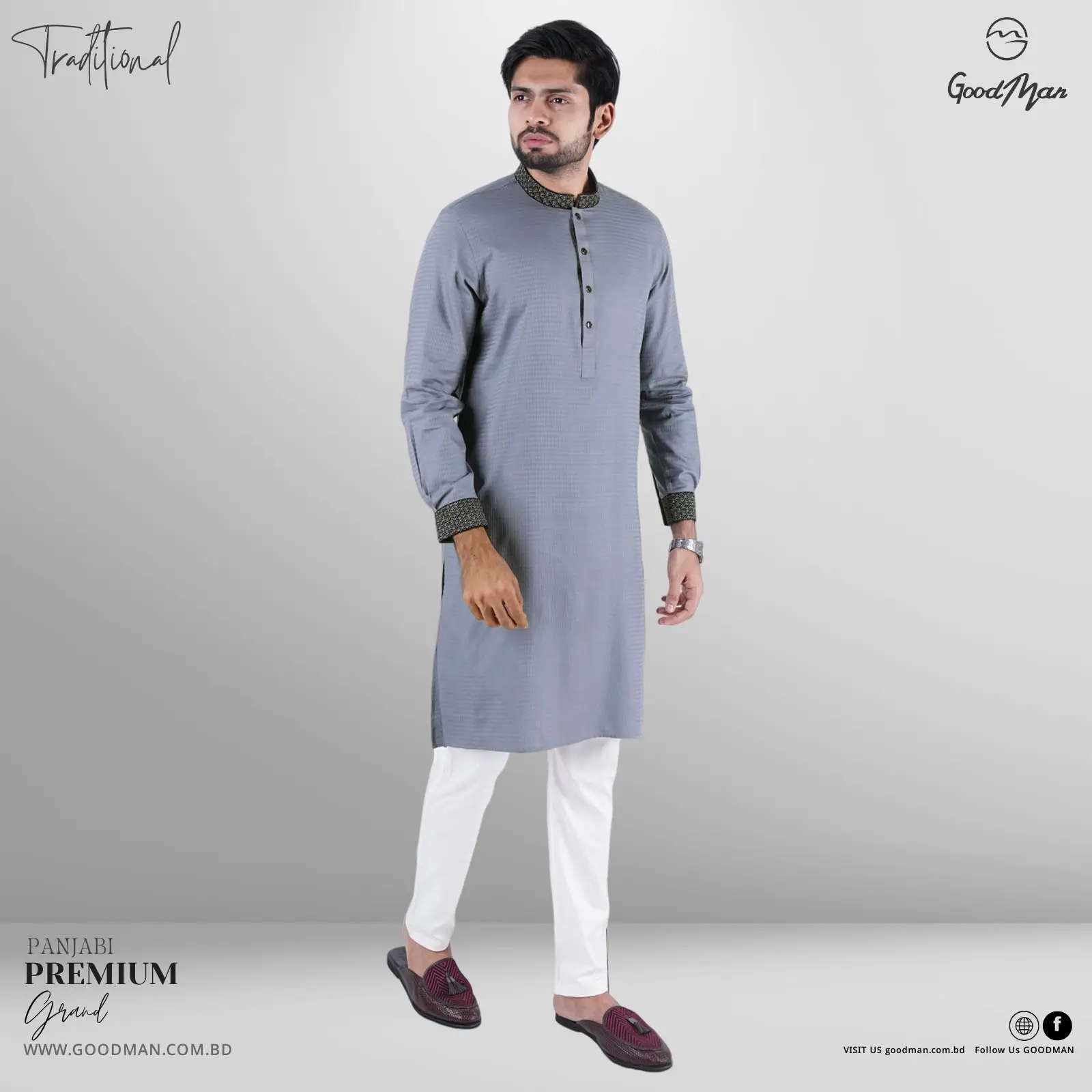Picture of GoodMan Premium Quality Dark Ash Color Semi Long Panjabi for Men.