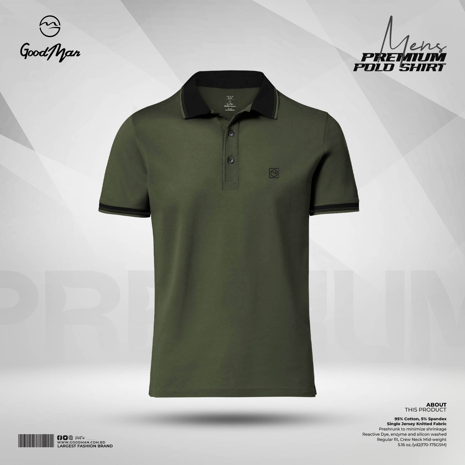 Picture of GoodMan Premium Quality Olive Color Cotton Short Sleeve Polo T Shirt for Men.