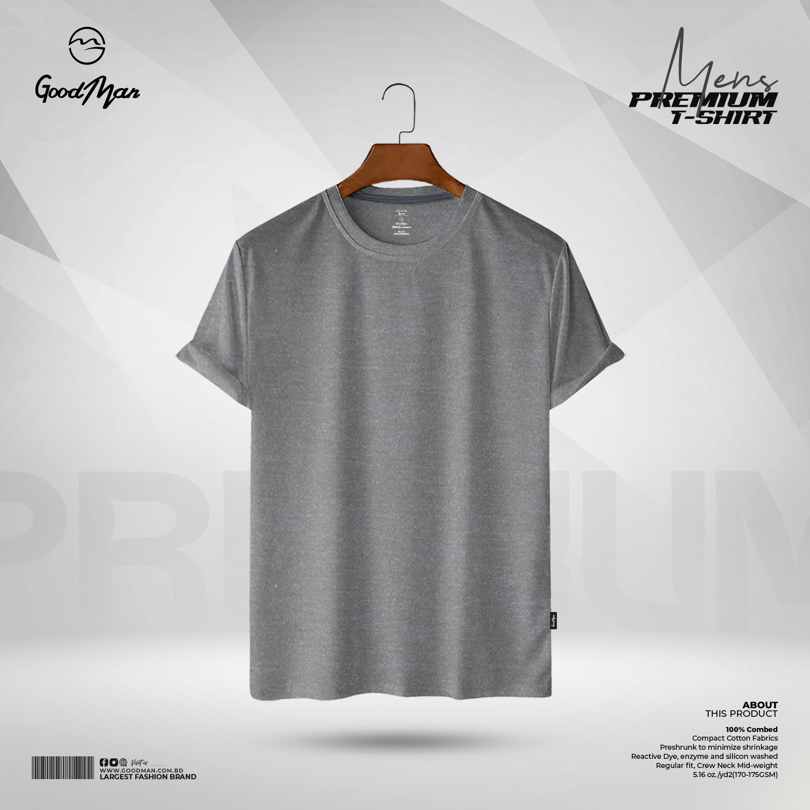 Picture of GoodMan Premium Quality Gray Melange Color Solid Cotton Short Sleeve T Shirt for Men.