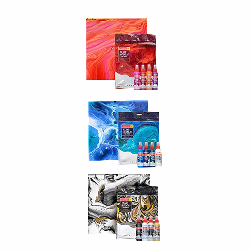 Picture of 3 Camel Fluid Acrylic Kit Paint - Sunset, Aqua & Monochrome Series 1 Extra Free Amy & ELY Canvas Board 8" x 8" inches.