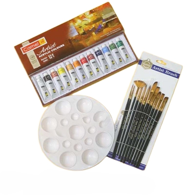 Picture of Acrylic Paint Combo,Maries 9ml,12 Shades+Mix Brush+Round Color Platte Set Of 3 Pcs