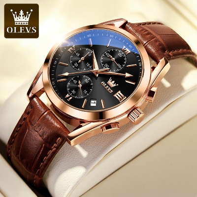 Picture of Olevs 2872 Brown PU Leather Chronograph Wrist Watch For Men