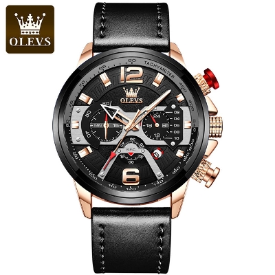 Picture of Olevs 9915 Black PU Leather Chronograph Wrist Watch For Men