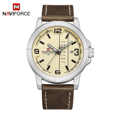 Picture of NAVIFORCE NF9177 Chocolate PU Leather Analog Watch For Men - Silver & Chocolate