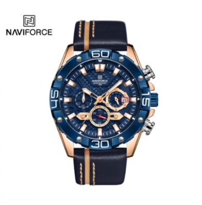 Picture of NAVIFORCE NF8019 Navy Blue PU Leather Chronograph Watch For Men - RoseGold & Navy Blue