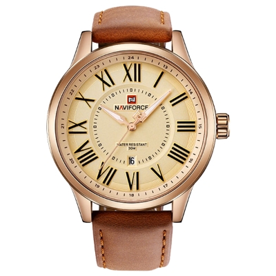 Picture of NAVIFORCE NF9126 Brown PU Leather Analog Watch for Men - RoseGold & Brown