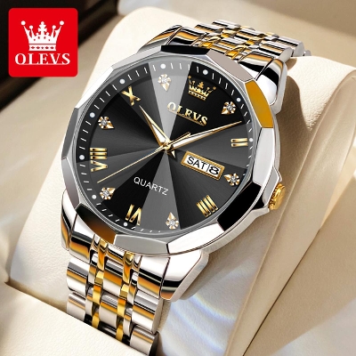 Picture of Olevs 9941 Silver Golden Two Tone Stainless Steel Analog Wrist Watch For Men
