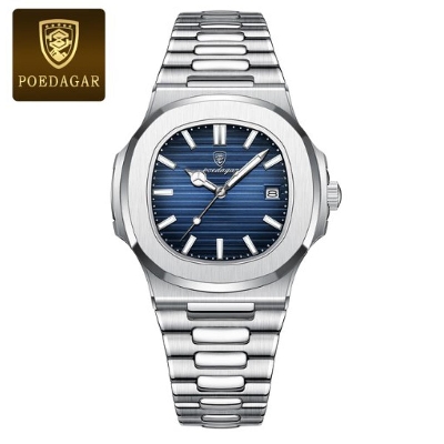 Picture of Poedagar PO613S Silver Stainless Steel Analog Wrist Watch For Men - RoyalBlue & Silver