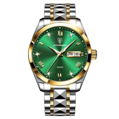 Picture of Poedagar PO614 Silver & Golden Two Tone Stainless Steel Analog Wrist Watch For Men - Green & Silver & Golden