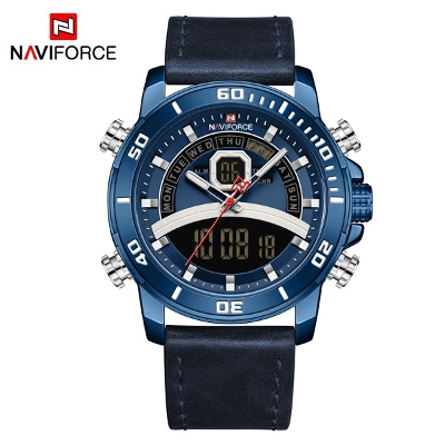 Picture of NAVIFORCE NF9181 Navy Blue PU Leather Dual Time Wrist Watch For Men - Royal Blue & Navy Blue