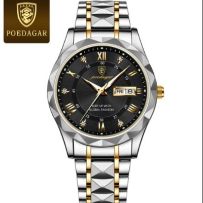 Picture of Poedagar PO615 Silver & Golden Two Tone Stainless Steel Analog Wrist Watch For Men - Black & Silver & Golden