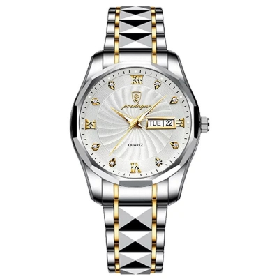 Picture of Poedagar PO818 Silver & Golden Two Tone Stainless Steel Analog Wrist Watch For Men - White & Silver & Golden