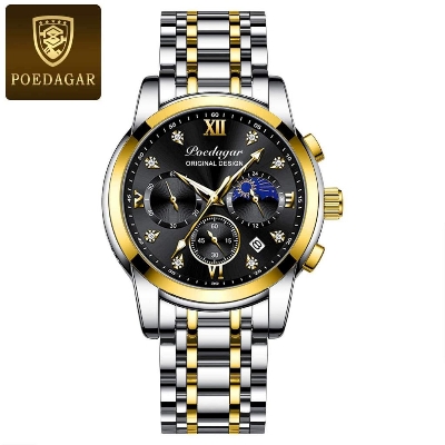 Picture of Poedagar PO805S Silver & Golden Two Tone Stainless Steel Chronograph Wrist Watch For Men - Black & Silver & Golden