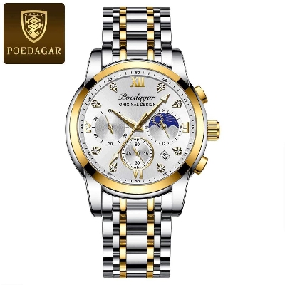 Picture of Poedagar PO805S Silver & Golden Two Tone Stainless Steel Chronograph Wrist Watch For Men - White & Silver & Golden