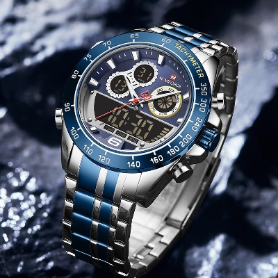 Picture of NAVIFORCE NF9188 RoyalBlue & Silver Two Tone Stainless Steel Duel Time Watch For Men - RoyalBlue & Silver