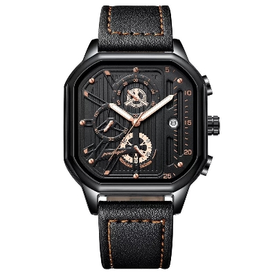 Picture of Poedagar PO628L Black PU Leather Chronograph Wrist Watch For Men - Golden & Black