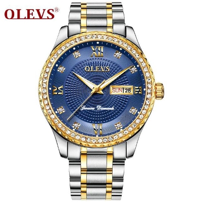 Picture of Olevs 6618 Silver & Golden Two Tone Stainless Steel Analoge Wrist Watch For Men - Royal Blue & Silver 