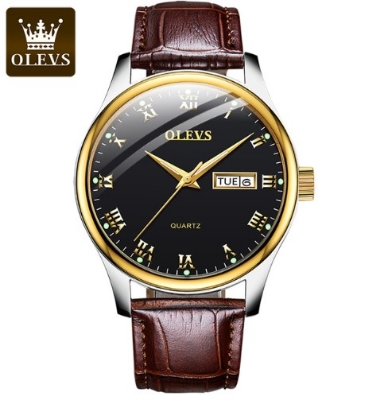Picture of OLEVS 5568 Brown PU Leather Analog Wrist Watch For Men - Black & Brown