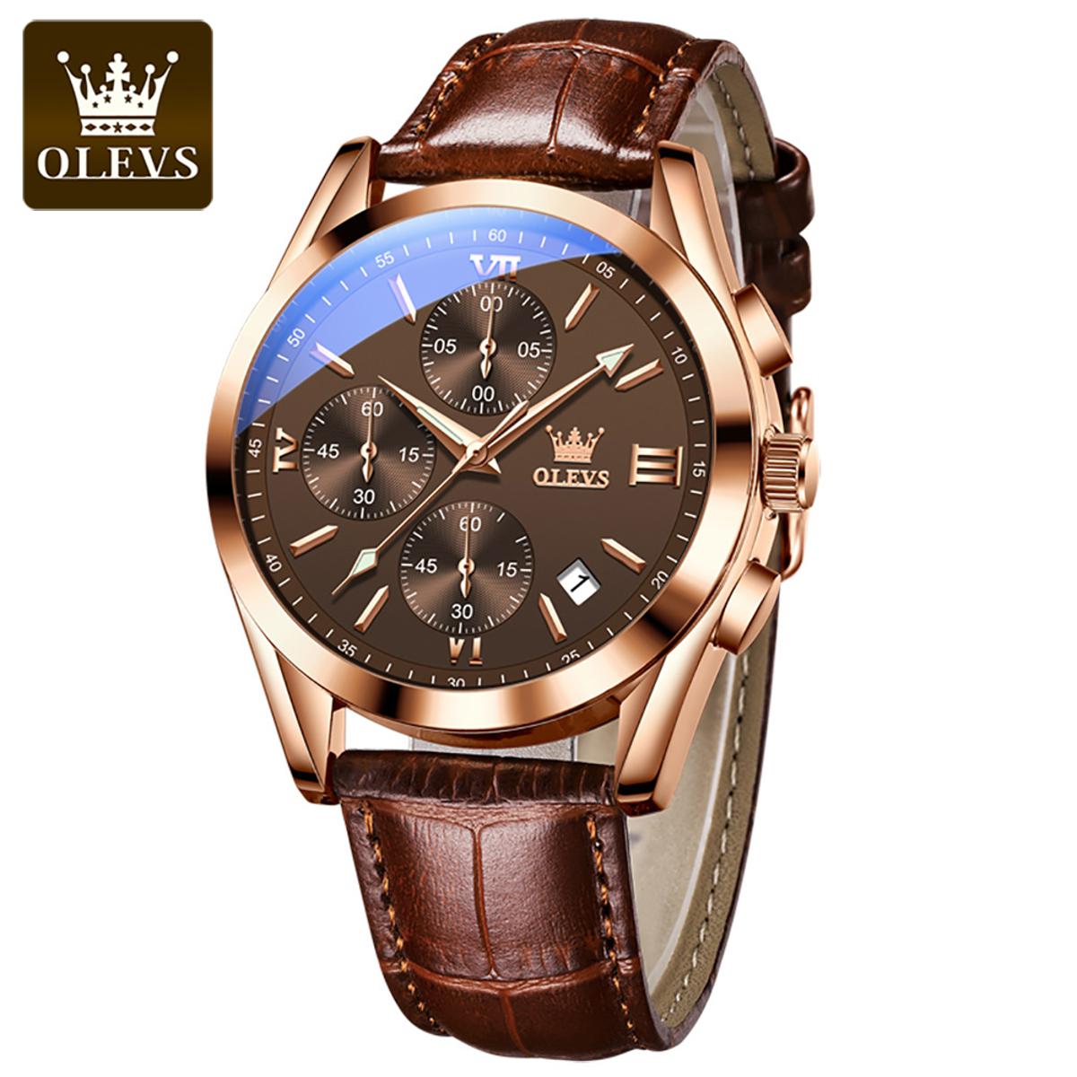 Picture of Olevs 2872 Chocolate PU Leather Chronograph Wrist Watch For Men