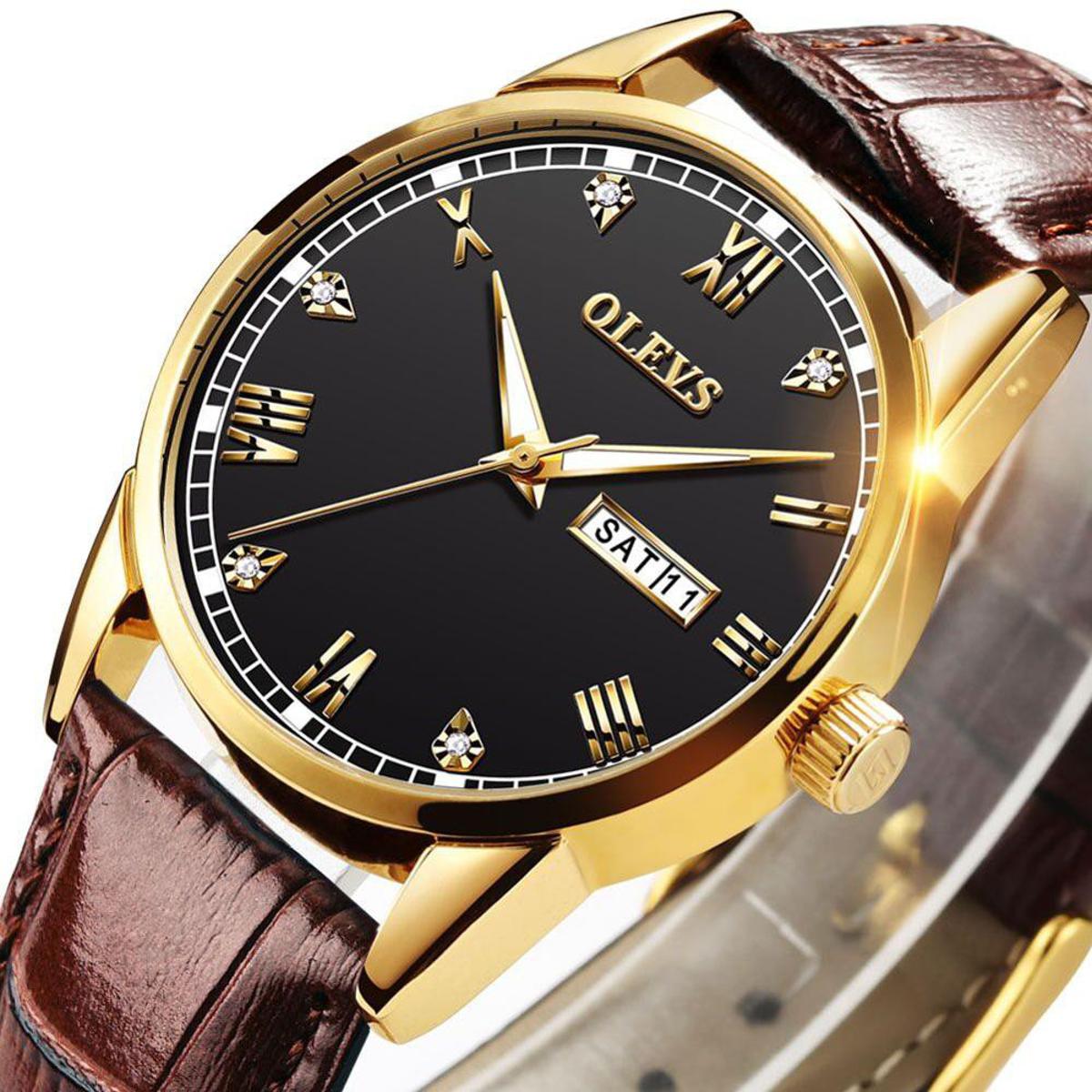 Picture of Olevs 6896 Brown PU Leather Analoge Wrist Watch For Men