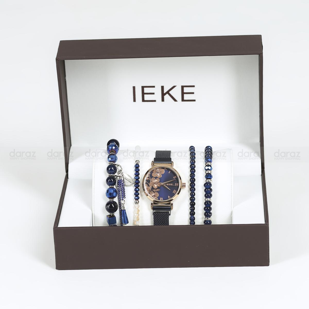 Picture of IEKE 88055 Flower Royal Blue Mesh Stainless Steel Analog Watch For Women - RoseGold & Royal Blue