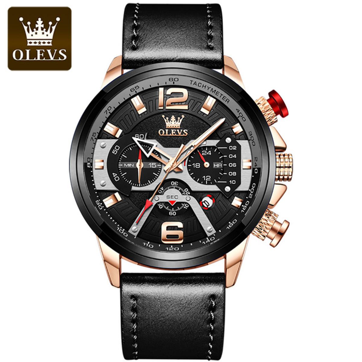 Picture of Olevs 9915 Black PU Leather Chronograph Wrist Watch For Men
