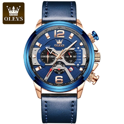 Picture of Olevs 9915 NavyBlue PU Leather Chronograph Wrist Watch For Men