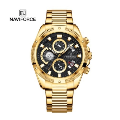 Picture of NAVIFORCE NF8021 Golden Stainless Steel Chronograph Watch For Men - Black & Golden