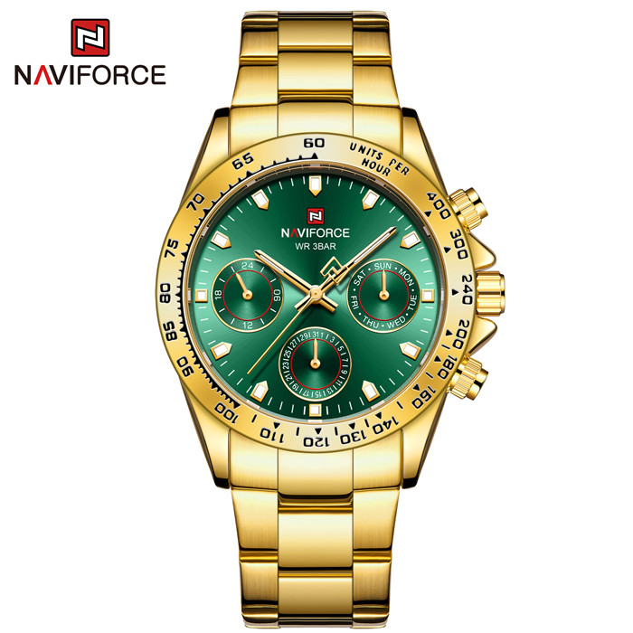 Picture of NAVIFORCE NF9193 Golden Stainless Steel Chronograph Watch For Men - Green & Golden