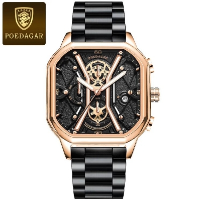 Picture of Poedagar PO922S Black Stainless Steel Chronograph Wrist Watch For Men - Black & RoseGold & Black 
