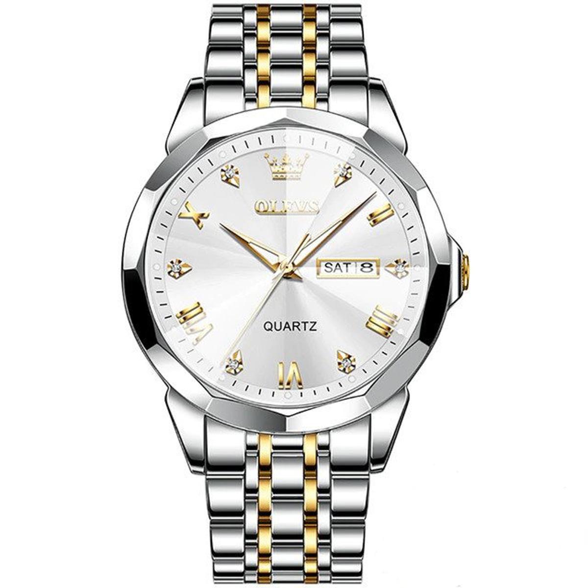 Picture of Olevs 9941 Silver Golden Two Tone Stainless Steel Analog Wrist Watch For Men