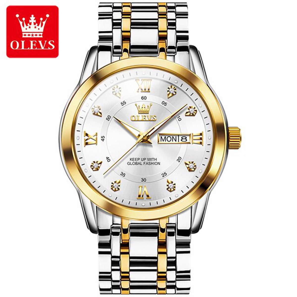 Picture of Olevs 5513 Silver Golden Two Tone Stainless Steel Analog Wrist Watch For Men