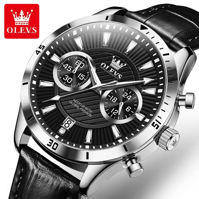 Picture of Olevs 2921 Black PU Leather Chronograph Wrist Watch For Men - Silver & Black
