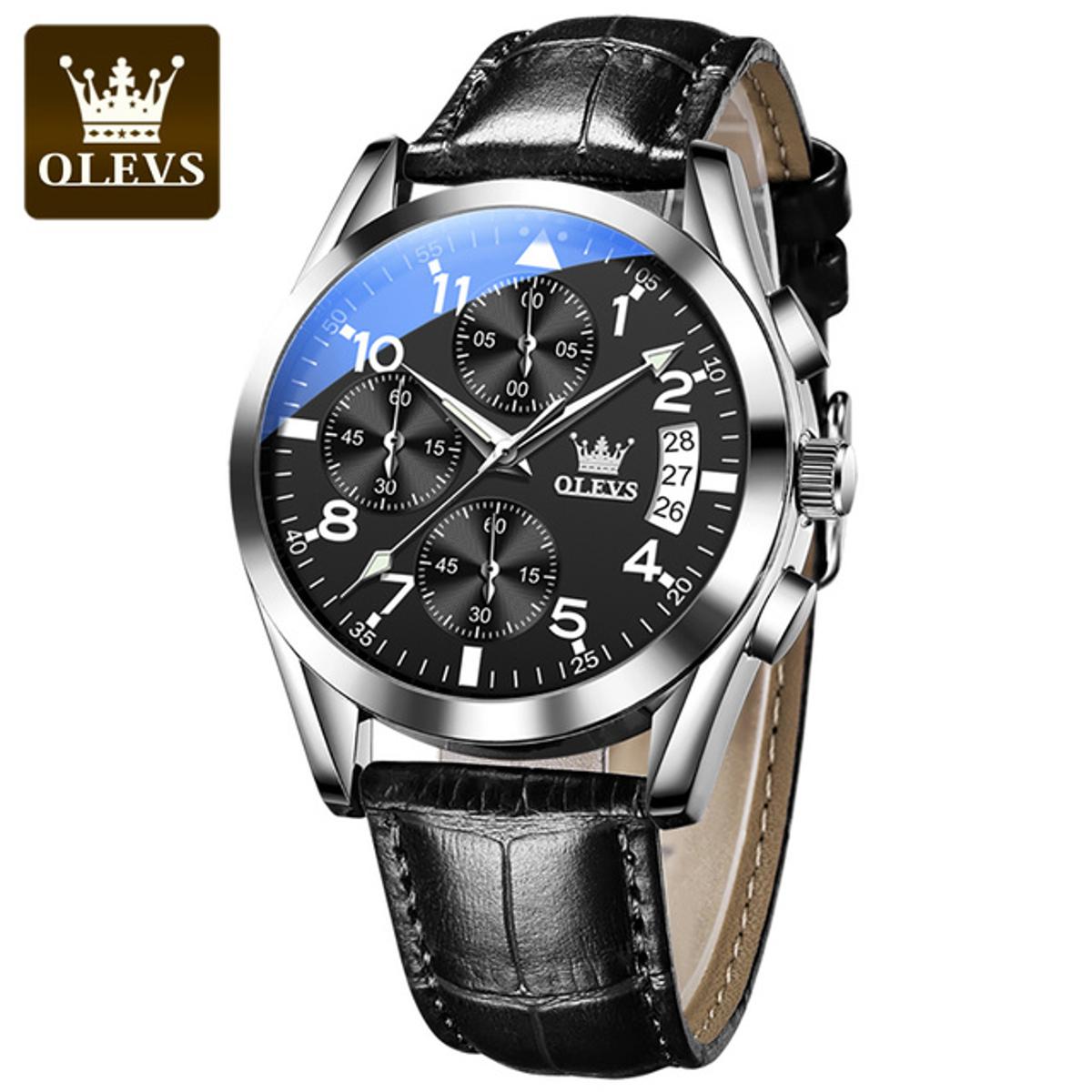 Picture of Olevs 2878L Black PU Leather Chronograph Wrist Watch For Men - Black & Silver 