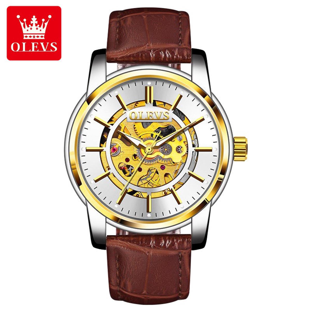 Picture of Olevs 9902L Brown PU Leather Automatic Mechanical Wrist Watch For Men