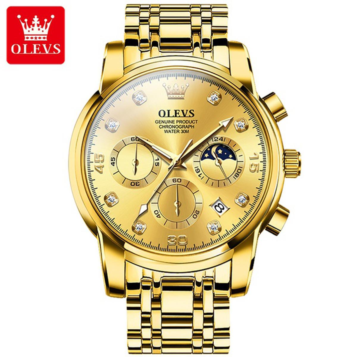 Picture of Olevs 2889S Golden Stainless Steel Chronograph Wrist Watch For Men