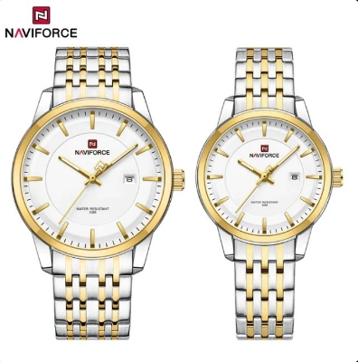 Picture of NAVIFORCE NF9228C Stainless Steel Waterproof Couple Watch – White Silver & Golden