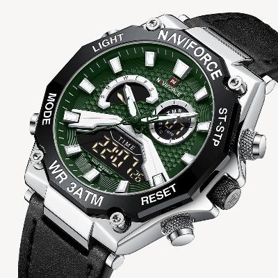 Picture of NAVIFORCE NF9220 Black PU Leather Dual Time Watch For Men - Green & Black