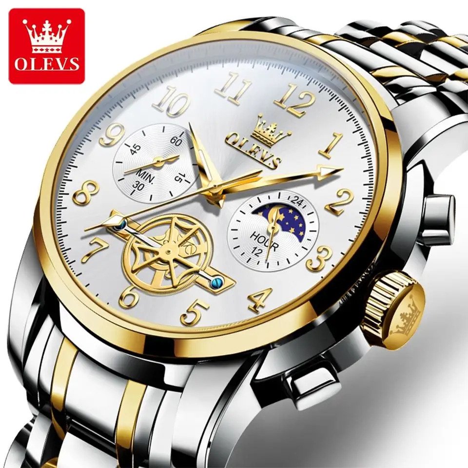 Picture of Olevs 2903 Silver Golden Two Tone Stainless Steel Chronograph Wrist Watch For Men
