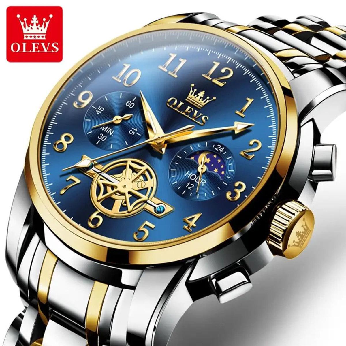 Picture of Olevs 2903 Silver Golden Two Tone Stainless Steel Chronograph Wrist Watch For Men