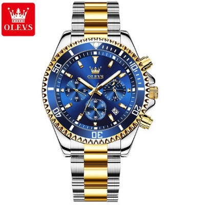 Picture of Olevs 2870 Golden Silver Two Tone Stainless Steel Chronograph Wrist Watch For Men